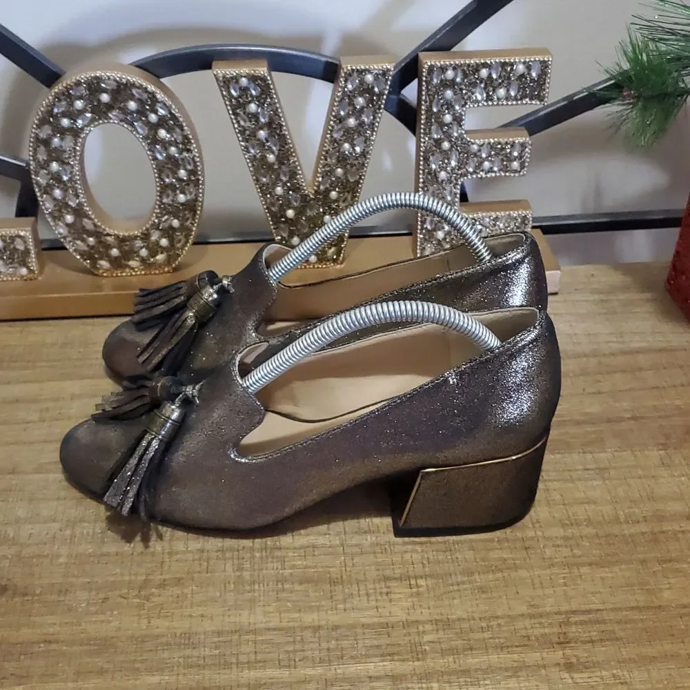 Karl Lagerfeld Mae Chunky Heel Bronze Gold Sparkly Tassel Shoes Sz 6M Euro Chic